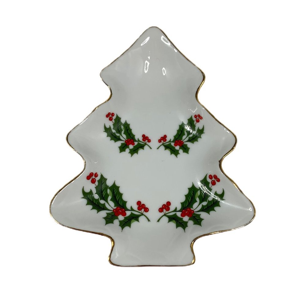 Vintage Home for Christmas Holly Fine Porcelain Tree Shaped Bon Bon Dish Holiday
